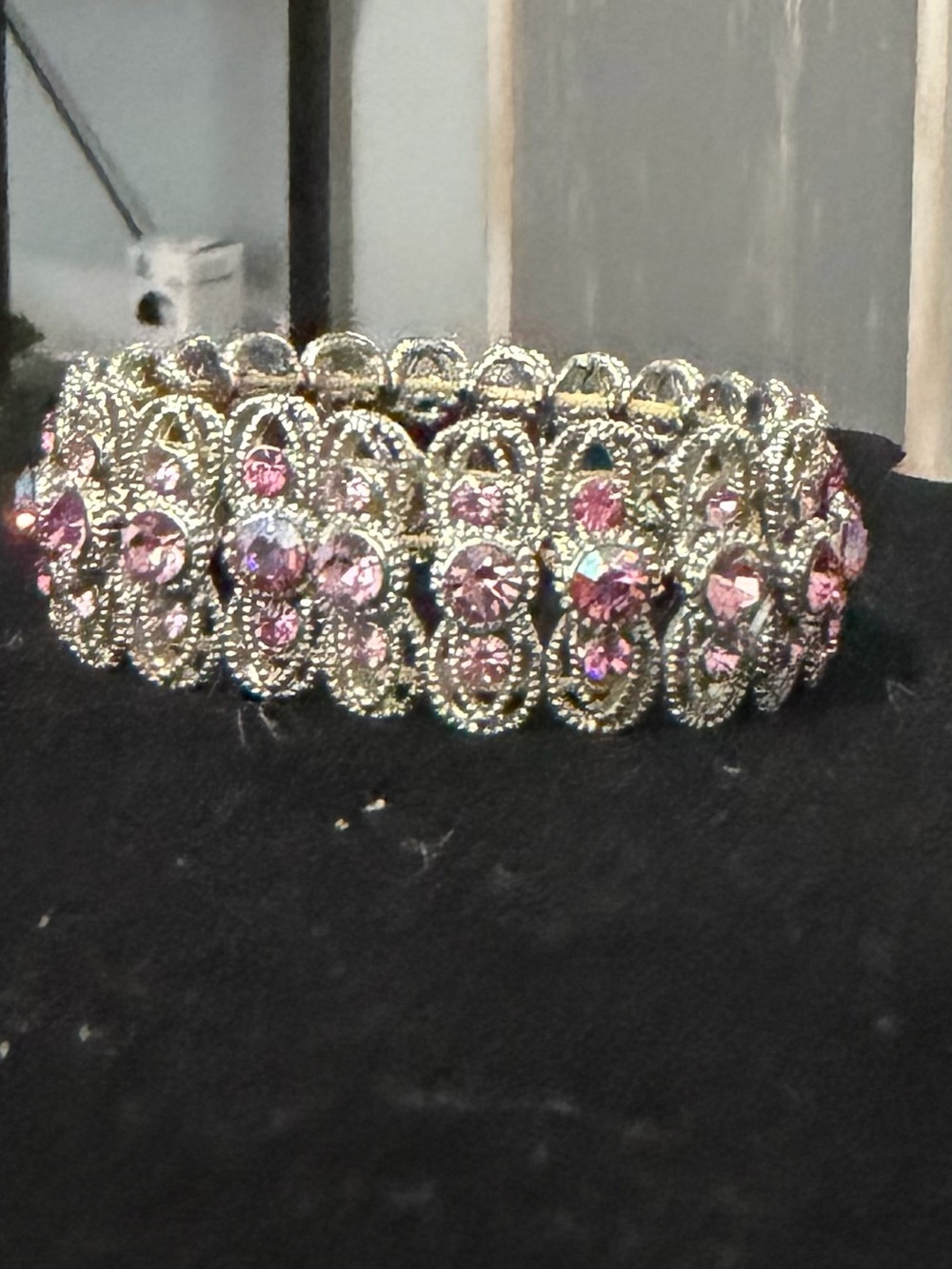 Vintage Pink Crystal Stretch Bracelet with Silver-Tone Filigree - Picture 2 of 3